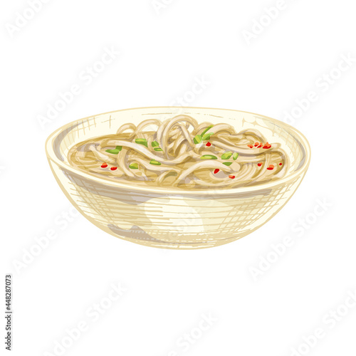 Noodle soup in plate. Vintage vector hatching color hand drawn illustration isolated