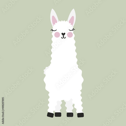 Cute sleeping llama character isolated vector illustration. Funny animal for kids. On olive green background. Child drawn style lama.