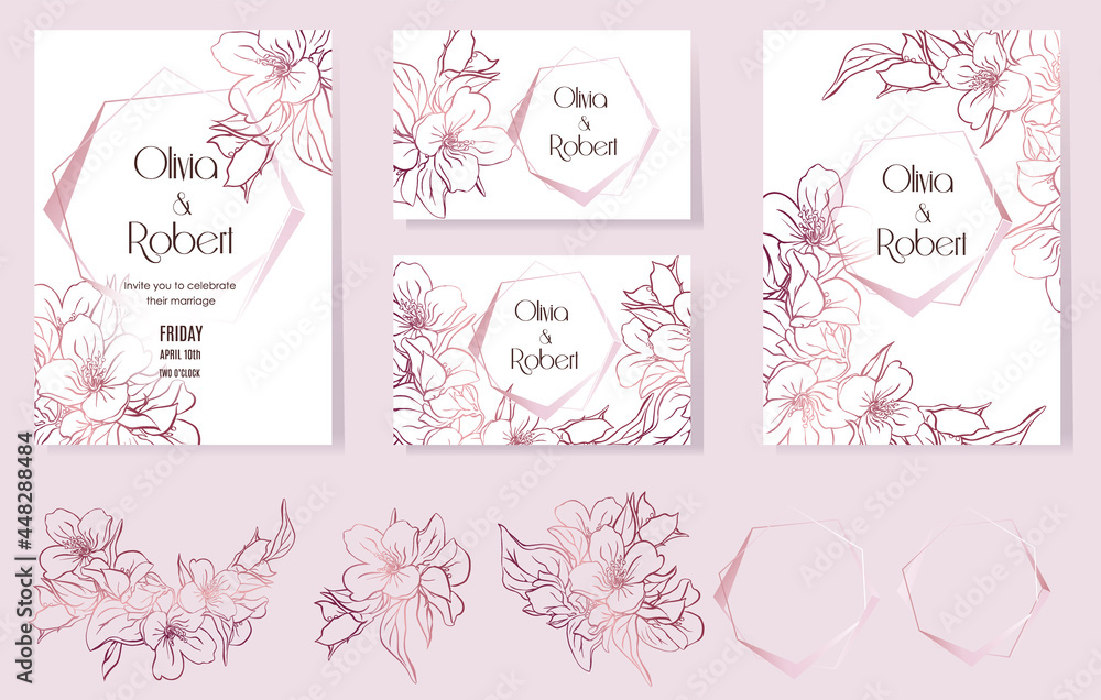 Elegant wedding invitations with abstract pink floral background and a set of design elements for them.