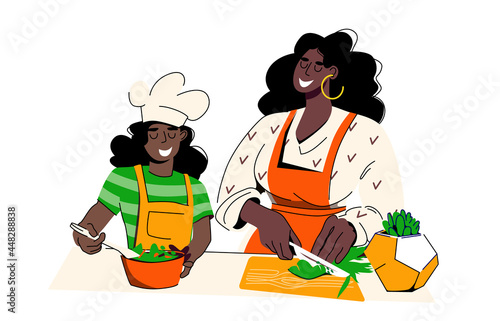 Black beautiful woman cooking with kid. Time with your child. Cooks together. Girl in chef's hat. Vector illustration on white background.