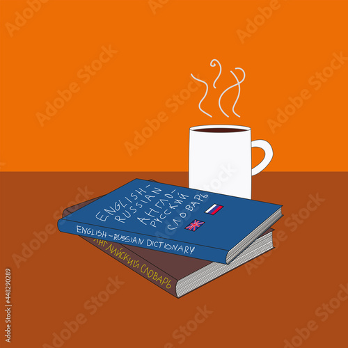 English-Russian and Russian-English dictionaries and a cup of hot coffee in flat style