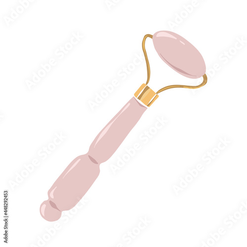 rose quartz facial massager, skincare device for skin toning, anti-aging gua sha face massage, natural stone tool, isolated vector illustration, colored clipart