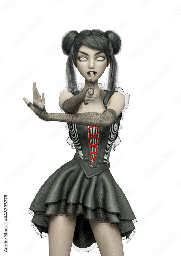 gothic girl is doing a pistol finger pose and pointing to you