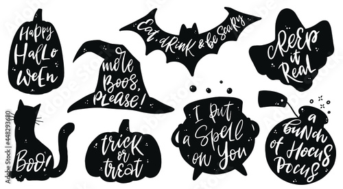 set of 8 Halloween quotes written inside silhouettes of pumpkins, cat, witch's hat, potion vat, bat and ghost. Good for cards, stcikers, prints, sublimation, clothing decor, etc. EPS 10