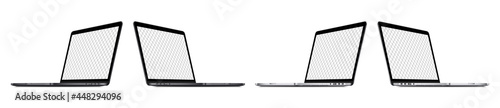 Laptop computer sideway view mockup vector set. PC black and silver mock-up sideways perspectives. Edtitable empty screen. Vector illustration.