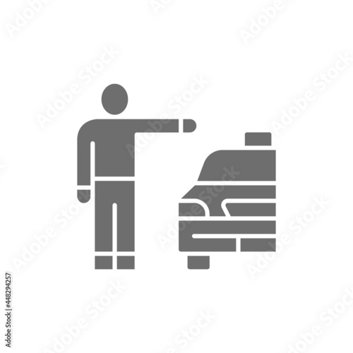 Man catching taxi cab, hitchhiking gray icon.