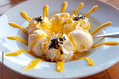 Dame blanche is the name used in Belgium and the Netherlands for a sweet dessert consisting of vanilla ice cream with whipped cream and warm molten chocolate, Dessert is similar to the American sundae photo