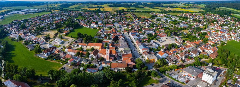Aerial view around the city and monastery Gangkofen in Germany., Bavaria on a sunny afternoon in spring.