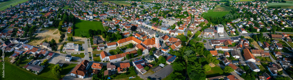 Aerial view around the city and monastery Gangkofen in Germany., Bavaria on a sunny afternoon in spring.