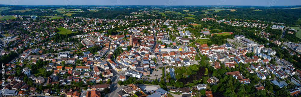 Aerial view around the city Eggenfelden in Germany., Bavaria on a sunny afternoon in spring.