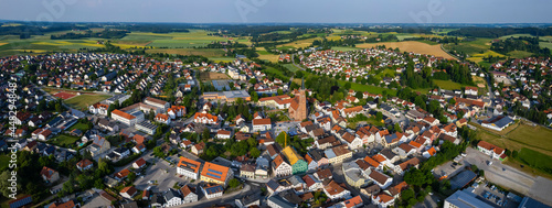 Aerial view around the city Geisenhausen in Germany.  Bavaria on a sunny afternoon in spring.