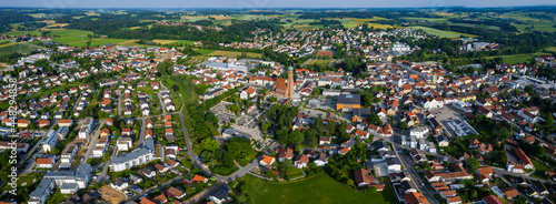 Aerial view around the city Vilsbiburg in Germany.  Bavaria on a sunny afternoon in spring.