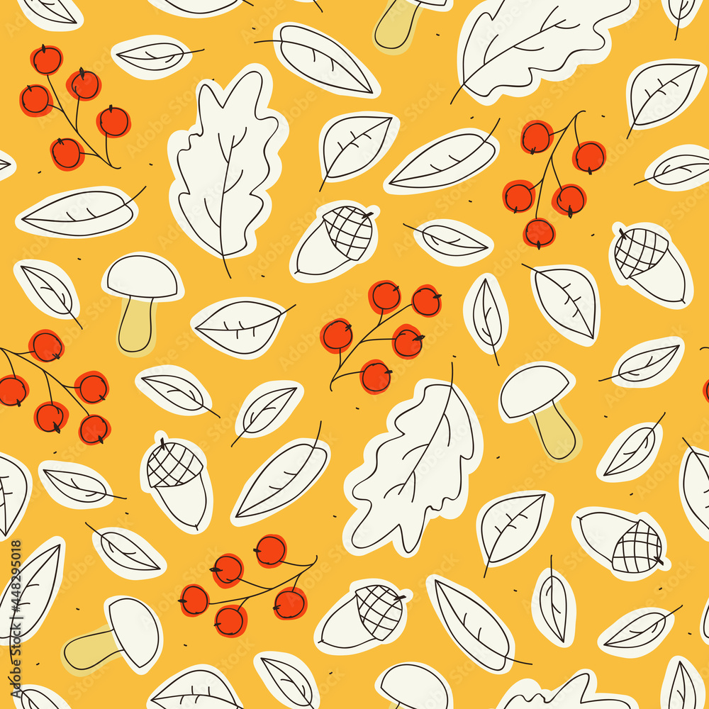 Seamless pattern with autumn leaves, berries and mushrooms on orange background. Seamless pattern with autumn leaves, berries and mushrooms on orange background.