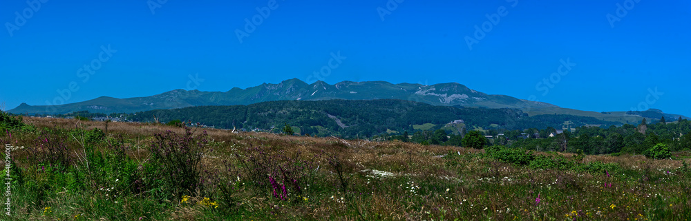Panoramic view of the Sancy Puys Chain in summer. Auvergne, France
