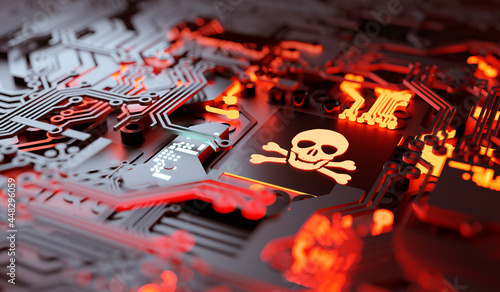 Vulnerable computer hardware being hacked and network ransomware digital cybercrime background concept. 3D illustration. photo
