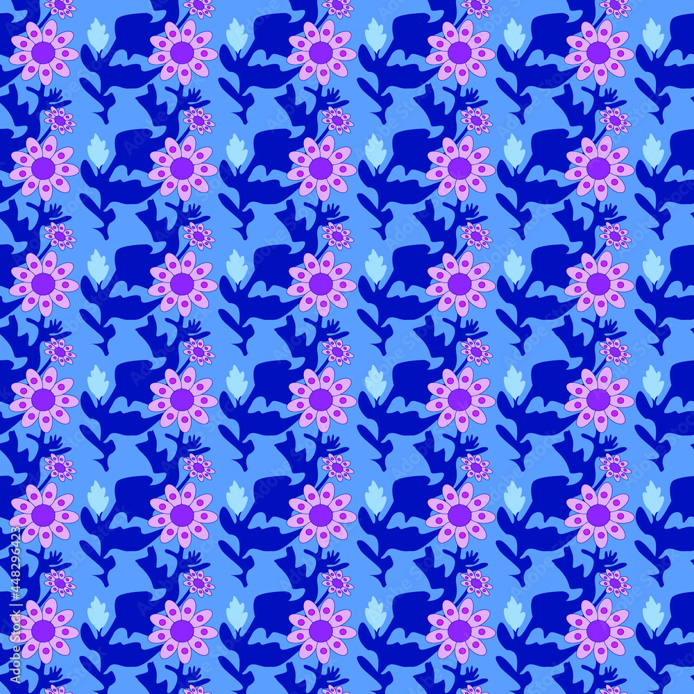 seamless pattern in the form of a floral ornament in blue-pink tones for prints on fabrics, clothes, packaging, ceramics, covers, frames, as well as for interior decoration seamless pattern in the form of a floral ornament in blue-pink tones for prints on fabrics, clothes, packaging, ceramics, covers, frames, as well as for interior decoration