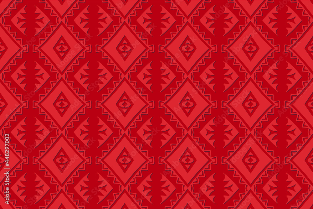 Geometric volumetric convex 3D pattern for wallpaper, websites, textiles. Embossed red background in traditional oriental, Indian style. Texture with ethnic ornament.Fashionable handmade technique. Geometric volumetric convex 3D pattern for wallpaper, websites, textiles. Embossed red background in traditional oriental, Indian style. Texture with ethnic ornament.Fashionable handmade technique.