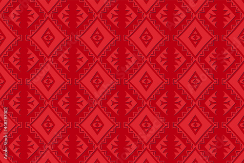 Geometric volumetric convex 3D pattern for wallpaper, websites, textiles. Embossed red background in traditional oriental, Indian style. Texture with ethnic ornament.Fashionable handmade technique.