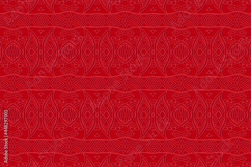 Geometric volumetric convex 3D pattern for wallpaper, websites, textiles. Embossed red background in traditional oriental, Indian style. Texture with ethnic ornament. Original handmade technique.