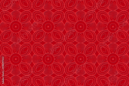 Geometric volumetric convex 3D pattern for wallpaper, websites, textiles. Embossed red background in traditional oriental, Indian style. Texture with ethnic ornament. Abstract handmade technique.