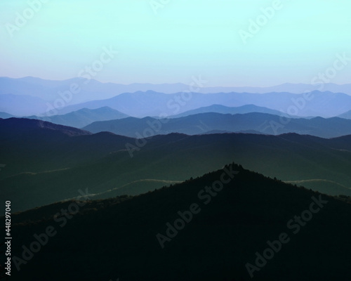 Foggy Horizon of Blue Misty Mountains in Background Far View