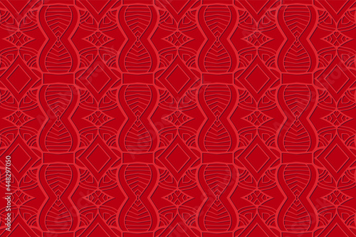 Geometric volumetric convex 3D pattern for wallpaper, websites, textiles. Embossed red background in traditional oriental, Indian style. Texture with ethnic ornament. Handmade creative technique