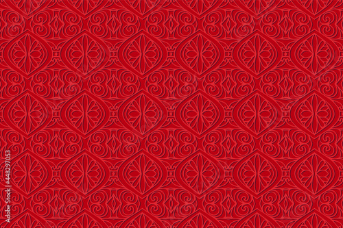 Geometric volumetric convex 3D pattern for wallpaper, websites, textiles. Embossed red background in traditional oriental, Indian style. Texture with ethnic ornament. Handmade art technique.