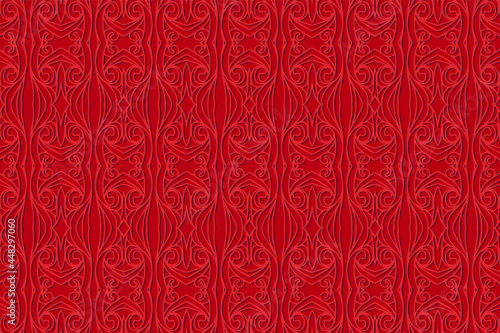 Geometric volumetric convex 3D pattern for wallpaper, websites, textiles. Embossed red background in traditional oriental, Indian style. Texture with ethnic ornament. Unique handmade technique.