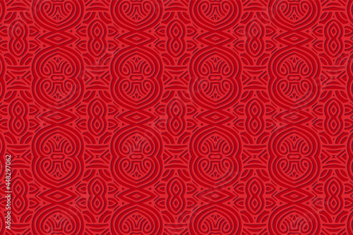 Geometric volumetric convex 3D pattern for wallpaper, websites, textiles. Embossed red background in traditional oriental, Indian style. Texture with ethnic ornament. Exquisite handmade technique.