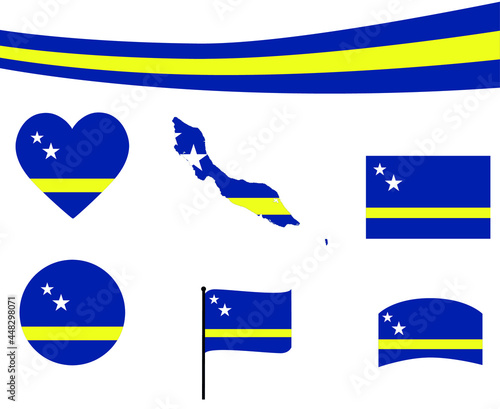 Curacao Flag Map Ribbon And Heart Icons Vector Illustration Abstract National Emblem Design Elements collection