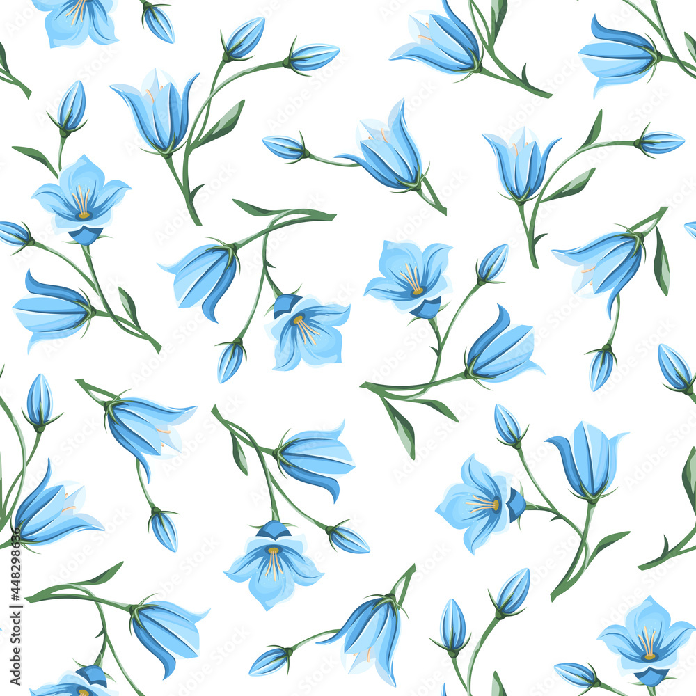 Vector seamless floral pattern with blue bluebell (campanula) flowers on a white background.
