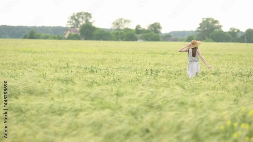 Portrait of a young beautiful woman in dress walks through a wheat field at a sunny day. Happy free girl run in park agricultural land. Freedom concept. Portrait of a young beautiful woman in dress walks through a wheat field at a sunny day. Happy free girl run in park agricultural land. Freedom concept.