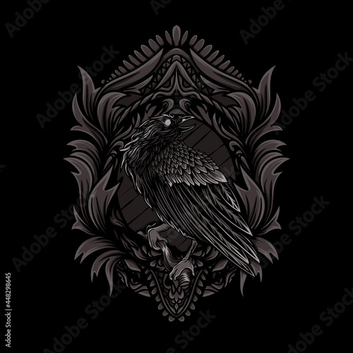 Crow with illustration ornament frame on black background