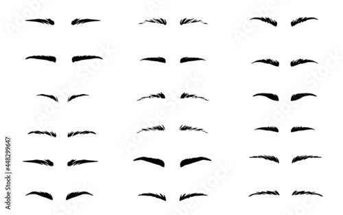 Set of eyebrows shape. Eyebrow silhouette for women. Classic type and different thickness of brows. 