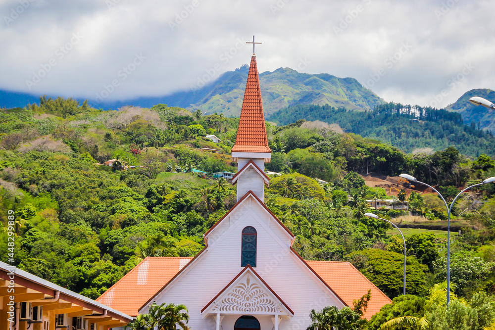 Tahiti and Moorea Islands Catholic churches French Polynesia - obrazy, fototapety, plakaty 