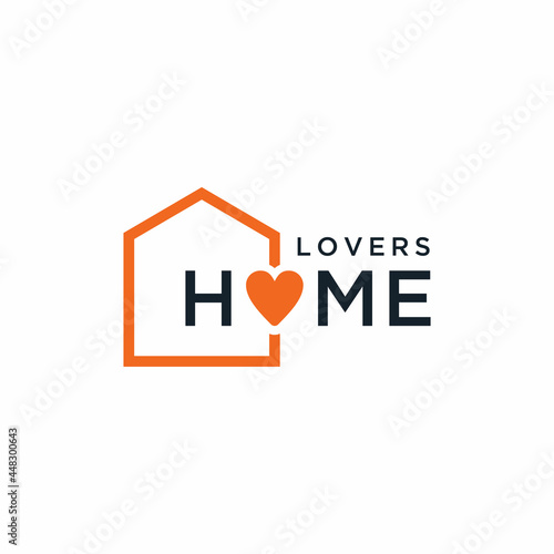 Simple line home with heart love shape for marriage wedding couple house logo