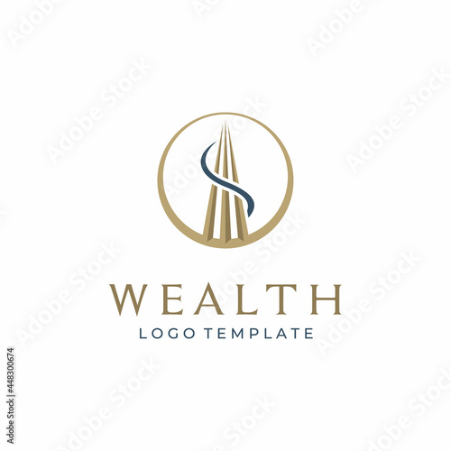 Abstract Tower Building with Dollar $ for Wealth Investment Property logo design