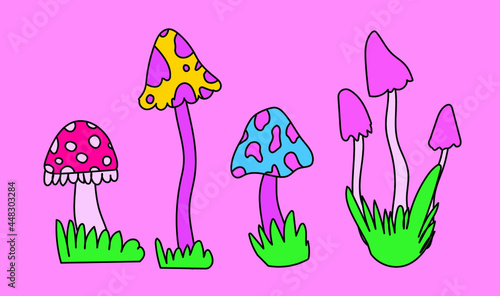Set of cartoon hand drawn mushrooms. Cute vector illustration.