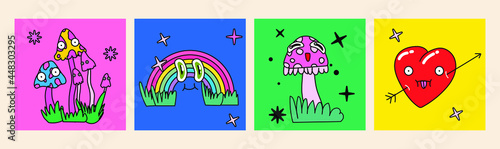 Set of psychedelic 70's style posters with cartoon characters: rainbow, heart and mushrooms with eyes.