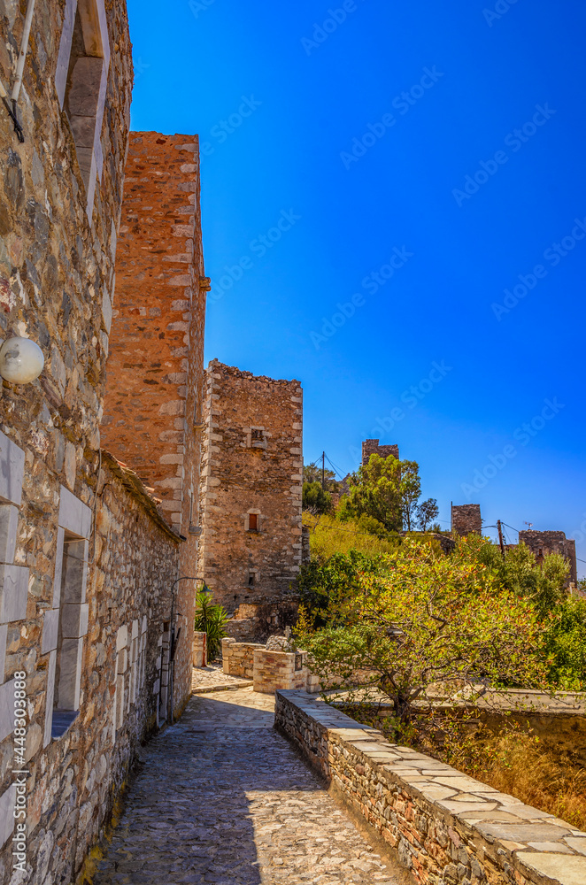 Architectural and old historical towers dominating the area at the famous Vathia village in the Laconian Mani peninsula. Laconia, Peloponnese, Greece, Europe.sightseeing