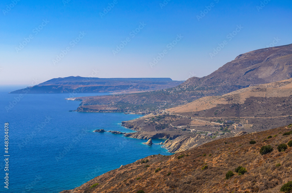 Spectacular seaside view from the famous Vathia village in the Laconian Mani peninsula. Laconia prefecture, Peloponnese, Greece, Europe.