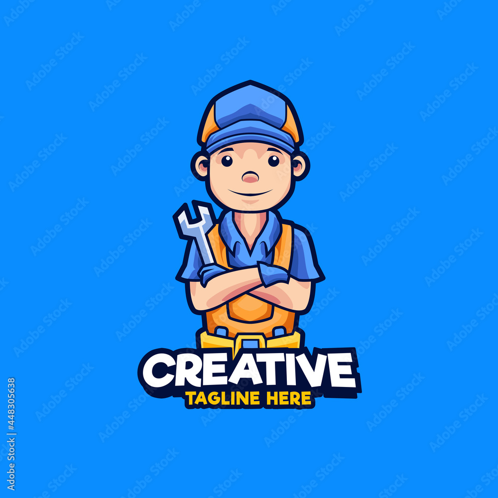 Mechanic holding wrench logo design mascot illustration Mechanic holding wrench logo design mascot illustration