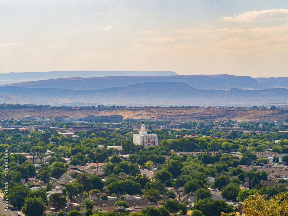 Aerial view of the cityscape and St. George Utah Temple of St George