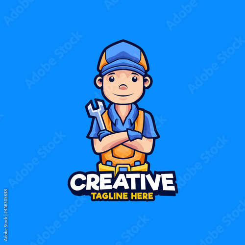 Mechanic holding wrench logo design mascot illustration