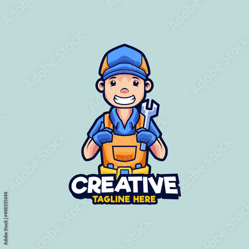 Mechanic holding wrench logo design mascot illustration