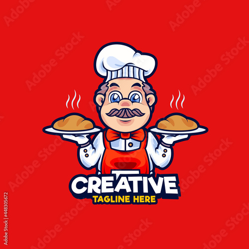 Chef serve hot bread logo design mascot illustration