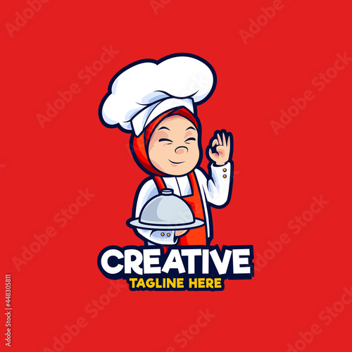 Muslim women chef holding serving plate mascot logo design illustration