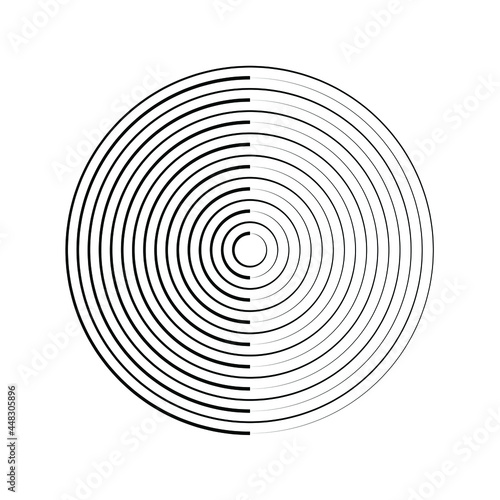 Black concentric lines in round form. Geometric art. Design element for border frame, round logo, tattoo, sign, symbol, web pages, prints, template, pattern and abstract background