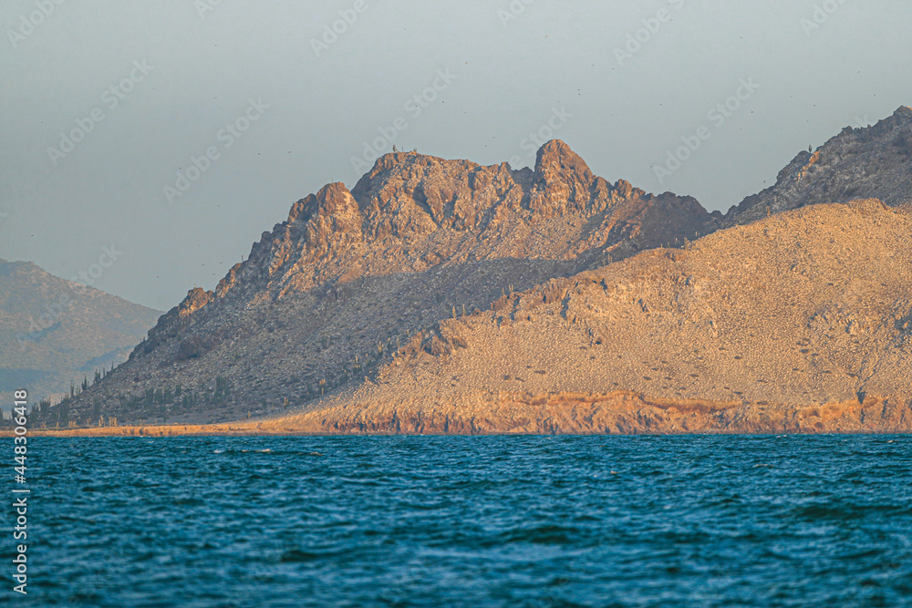  Island Landscape, sea a Gulf of California, Sea of Cortez or Mar Bermejo, which is located between the Baja California peninsula. tourist destination. land, dry land on the horizon.
