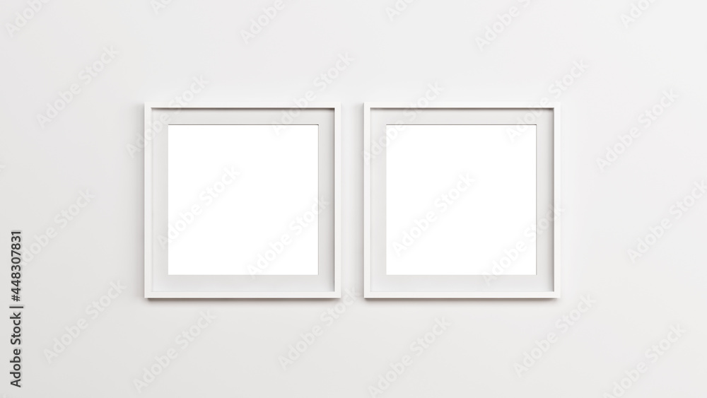 White square wooden frames mockup. Two white square wooden frames on the empty white wall. White square wooden frames mockup. Two white square wooden frames on the empty white wall.